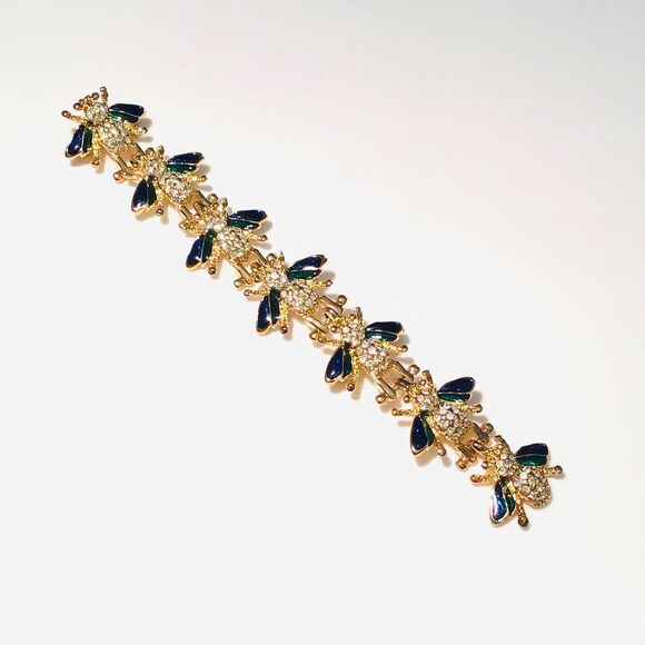 7-Bee Strand 6" Double Pin PAVE CRYSTAL BEE BROOCH Enameled Gold Plate Bees - Picture 7 of 7